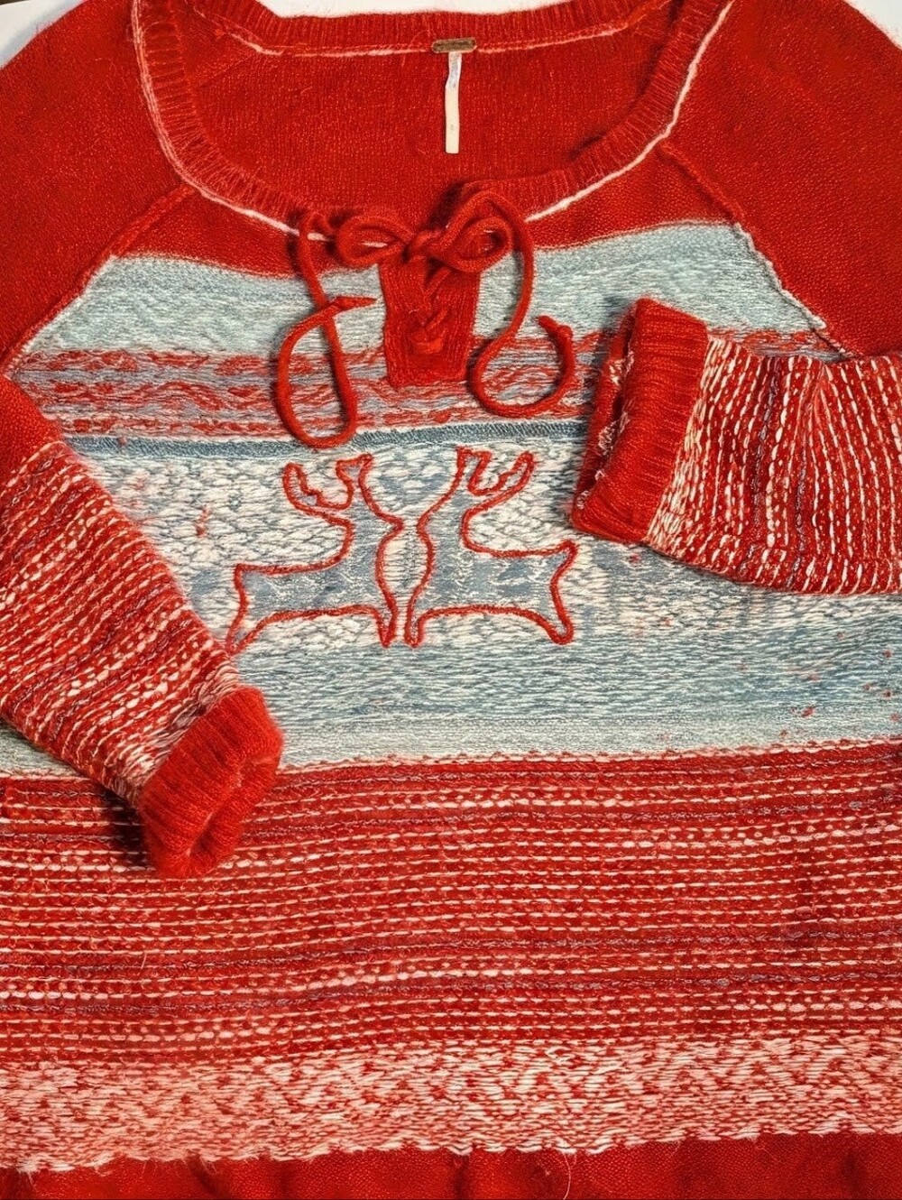 Free People Sweater Women's Large Nylon Angora Blend Rust Teal Soft White